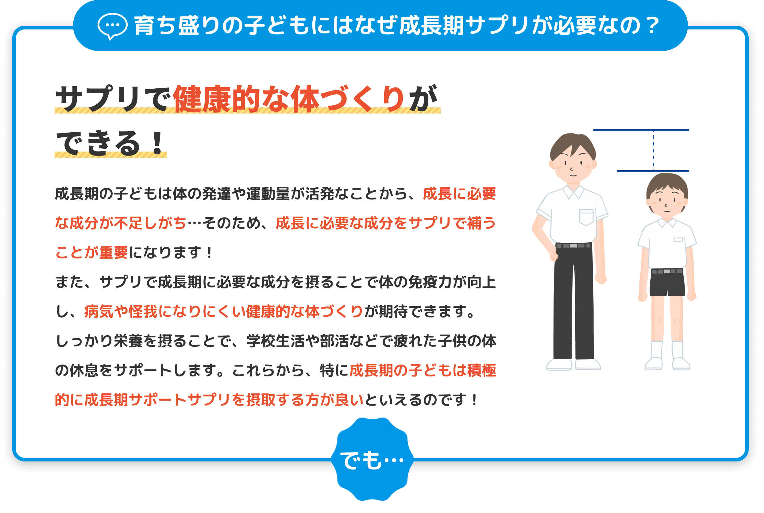 育ち盛りの子どもにはなぜ成長期サプリが必要なの？サプリで健康的な体づくりができる！成長期の子どもは体の発達や運動量が活発なことから、成長に必要な成分が不足しがち…そのため、成長に必要な成分をサプリで補うことが重要になります！
                            また、サプリで成長期に必要な成分を摂ることで体の免疫力が向上し、病気や怪我になりにくい健康的な体づくりが期待できます。
                            しっかり栄養を摂ることで、学校生活や部活などで疲れた子供の体の休息をサポートします。これらから、特に成長期の子どもは積極的に成長期サポートサプリを摂取する方が良いといえるのです！